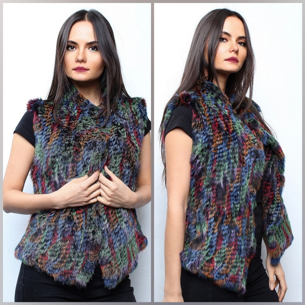 Multi Colored Knit Rabbit Fur Vest - Picture 2 of 2